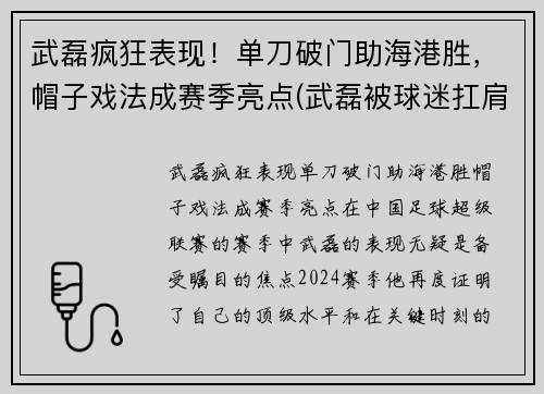 武磊疯狂表现！单刀破门助海港胜，帽子戏法成赛季亮点(武磊被球迷扛肩上)