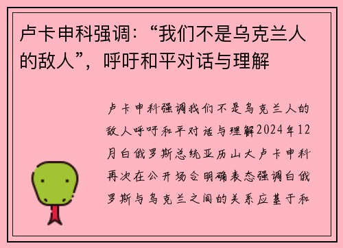 卢卡申科强调:“我们不是乌克兰人的敌人”,呼吁和平对话与理解