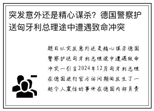 突发意外还是精心谋杀？德国警察护送匈牙利总理途中遭遇致命冲突