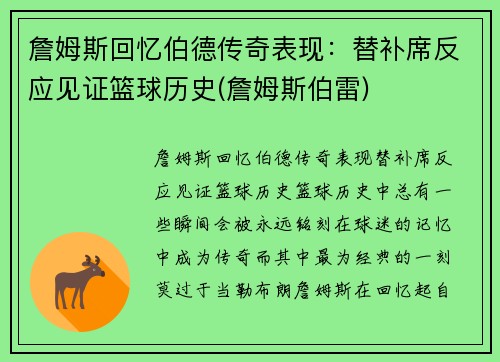 詹姆斯回忆伯德传奇表现：替补席反应见证篮球历史(詹姆斯伯雷)