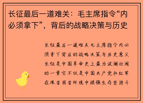 长征最后一道难关：毛主席指令“内必须拿下”，背后的战略决策与历史意义