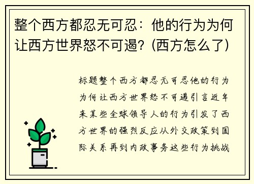 整个西方都忍无可忍：他的行为为何让西方世界怒不可遏？(西方怎么了)