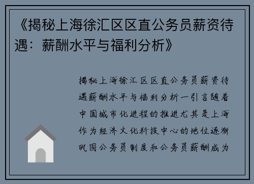 《揭秘上海徐汇区区直公务员薪资待遇：薪酬水平与福利分析》